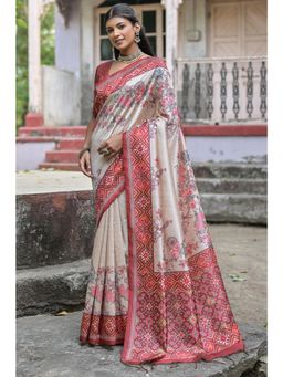 SGF11 - Women Red Tussar Silk Floral Saree with Unstitched Blouse