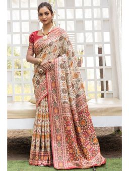 SGF11 - Women Cream Kanjeevaram Floral Saree with Unstitched Blouse