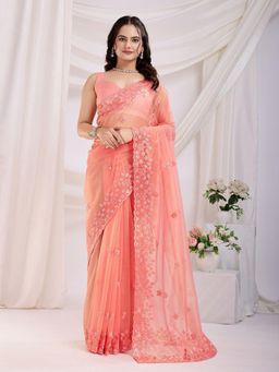 SGF11 - Women Orange Tissue Embroidered Saree with Unstitched Blouse