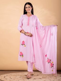 Readiprint - Pink Printed Straight Chanderi Kurta with Pant & Dupatta For Women