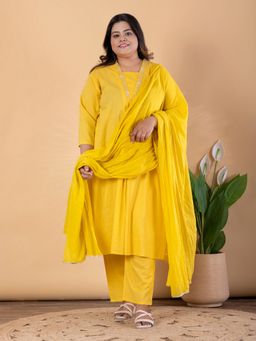 Readiprint - Yellow Women Poly Chanderi Anarkali Kurta with Pant & Dupatta