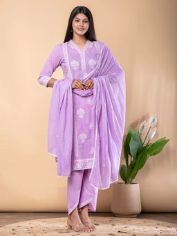 Readiprint - Lavender Leaf Printed Straight Kurta & Pant with Dupatta