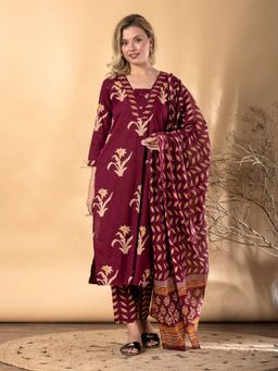 Readiprint - Maroon Women Poly Chanderi Kurta with Pant & Dupatta