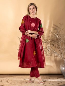 Readiprint - Maroon Modal Chanderi A-Line Kurta with Pant & Dupatta For Women