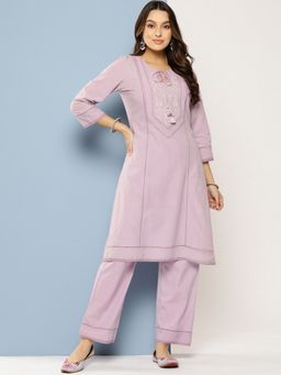 Nayam by lakshita - Lavender Floral Embroidered Straight Kurta with Palazzo For Women