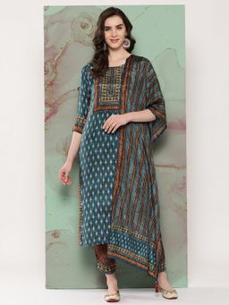 Nayam by lakshita - Ethnic Motif Printed Straight Viscose Kurta with Palazzo & Dupatta