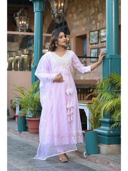 Aavanya - Pink Blue Georgette Schiffli Sequence Anarkali Kurta with Pant & Dupatta