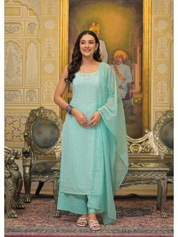 Aavanya - Sea Green Georgette Schiffli Mirro Work Straight Kurta with Palazzo & Dupatta