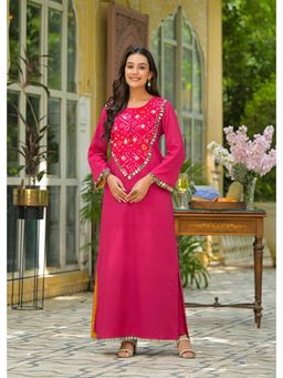 Aavanya - Pink Colour Cotton Mirror Work Full Sleeve Straight Long Kurta with Palazzo
