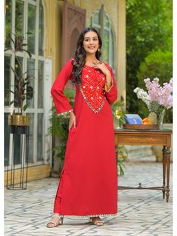 Aavanya - Red Colour Cotton Mirror Work Full Sleeve Straight Long Kurta with Palazzo