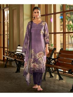 MOJILAA - Purple Silk Crepe Printed Straight Kurta with Pant and Printed Dupatta
