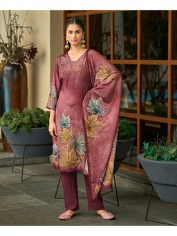MOJILAA - Maroon Silk Crepe Printed Straight Kurta with Pant and Printed Dupatta