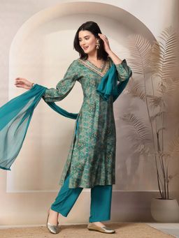 Nayam by lakshita - Green Women Printed Linen Kurta with Palazzo & Dupatta