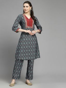 Nayam by lakshita - Blue Ethnic Motif Printed A-Line Knee Length Kurta with Palazzo