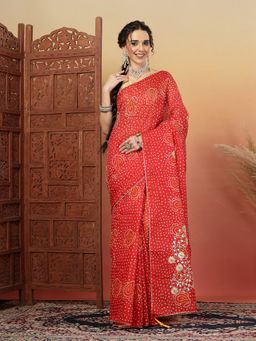 KISHORI - Women Red Pure Kota Doria Gota Patti Work Saree with Unstitched Blouse