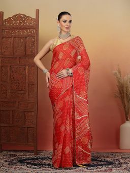 KISHORI - Women Red Pure Kota Doria Gota Patti Work Saree with Unstitched Blouse