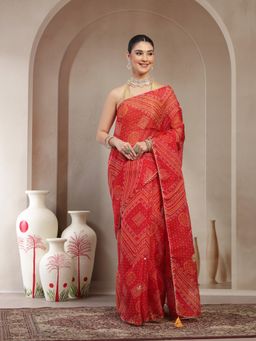 KISHORI - Women Red Cotton Bandhani Print Gota Patti Saree with Unstitched Blouse