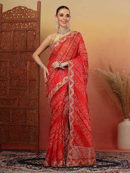 KISHORI - Women Red Pure Kota Doria Gota Patti Work Saree with Unstitched Blouse