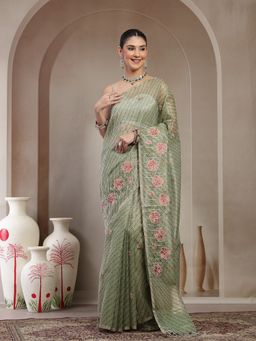 KISHORI - Women Green Kota Doria Cotton Embroidery Work Saree with Unstitched Blouse