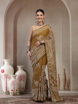 KISHORI - Women Cotton Khaki Green Warli Tribal Print Saree with Unstitched Blouse