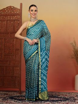 KISHORI - Women Blue Bandhani Silk Bandhej Tie-Dye Saree with Unstitched Blouse