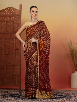 KISHORI - Women Maroon Bandhani Silk Bandhej Tie-Dye Saree with Unstitched Blouse