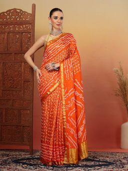 KISHORI - Women Orange Bandhani Silk Bandhej Tie-Dye Saree with Unstitched Blouse