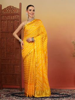 KISHORI - Women Yellow Bandhani Silk Bandhej Tie-Dye Saree with Unstitched Blouse