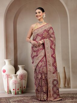 KISHORI - Women Maroon Pure Banarasi Jacquard Bandhani Saree with Unstitched Blouse