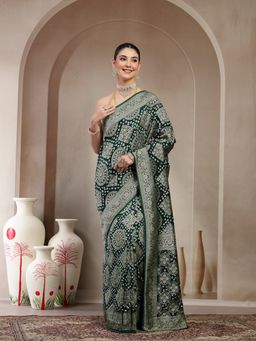 KISHORI - Women Green Pure Banarasi Jacquard Bandhani Saree with Unstitched Blouse