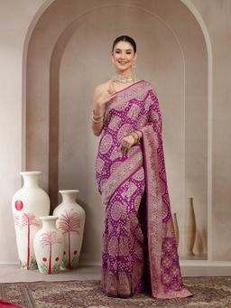 KISHORI - Women Purple Pure Banarasi Jacquard Bandhani Saree with Unstitched Blouse