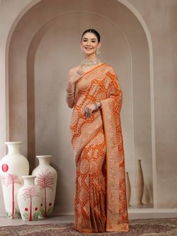KISHORI - Women Orange Pure Banarasi Jacquard Bandhani Saree with Unstitched Blouse