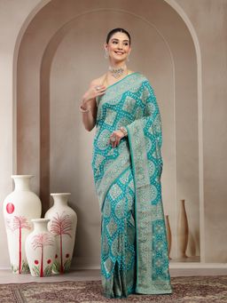 KISHORI - Women Turquoise Pure Banarasi Bandhani Saree with Unstitched Blouse