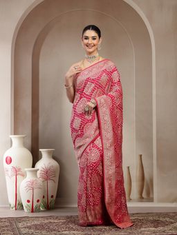 KISHORI - Women Pink Pure Banarasi Jacquard Bandhani Saree with Unstitched Blouse