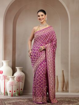 KISHORI - Women Pink Banarasi Jacquard with Bandhani Saree with Unstitched Blouse