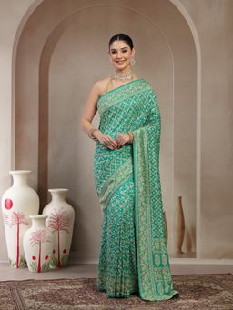 KISHORI - Women Green Pure Banarasi with Bandhani Saree with Unstitched Blouse