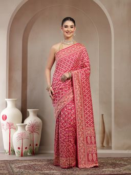 KISHORI - Women Pink Pure Banarasi Jacquard Bandhani Saree with Unstitched Blouse