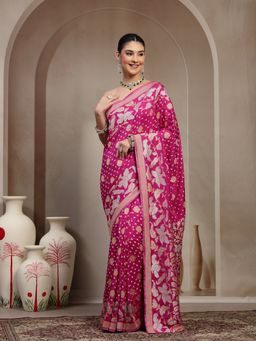 KISHORI - Women Pink Pure Banarasi Silk with Bandhani Saree with Unstitched Blouse