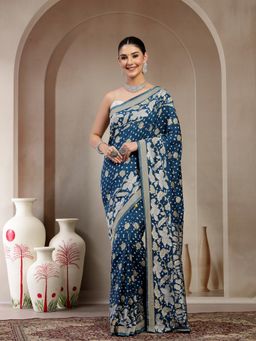 KISHORI - Women Blue Pure Banarasi Silk with Bandhani Saree with Unstitched Blouse