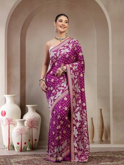 KISHORI - Women Purple Pure Banarasi Silk with Bandhani Saree with Unstitched Blouse