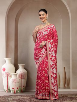 KISHORI - Women Pink Pure Banarasi Silk with Bandhani Saree with Unstitched Blouse