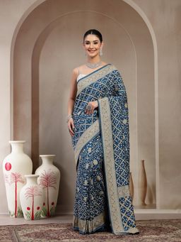 KISHORI - Women Blue Pure Banarasi Jacquard Bandhani Saree with Unstitched Blouse
