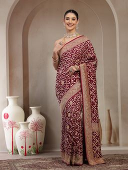 KISHORI - Women Maroon Pure Banarasi Bandhani Floral Saree with Unstitched Blouse