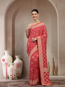 KISHORI - Women Red Pure Banarasi Jacquard with Bandhani Saree with Unstitched Blouse