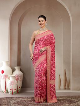 KISHORI - Women Pink Banarasi Jacquard Floral Saree with Unstitched Blouse