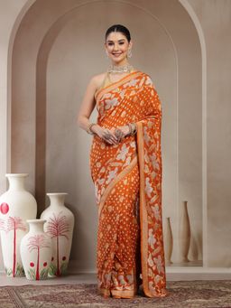 KISHORI - Women Orange Pure Banarasi Bandhani Saree with Unstitched Blouse