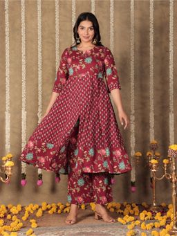 ARAMYA - Maroon Soft Cotton Anarkali Floral Print Kurta with Palazzo for Women