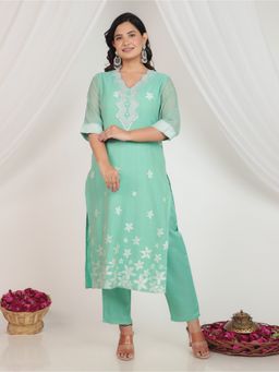 ARAMYA - Green Chanderi Straight Floral Print Kurta with Pant