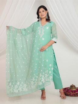 ARAMYA - Green Chanderi Straight Floral Print Kurta and Pant with Dupatta for Women
