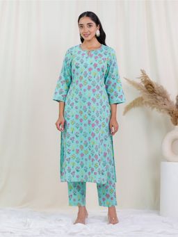 ARAMYA - Blue Soft Cotton Straight Floral Print Kurta with Pant